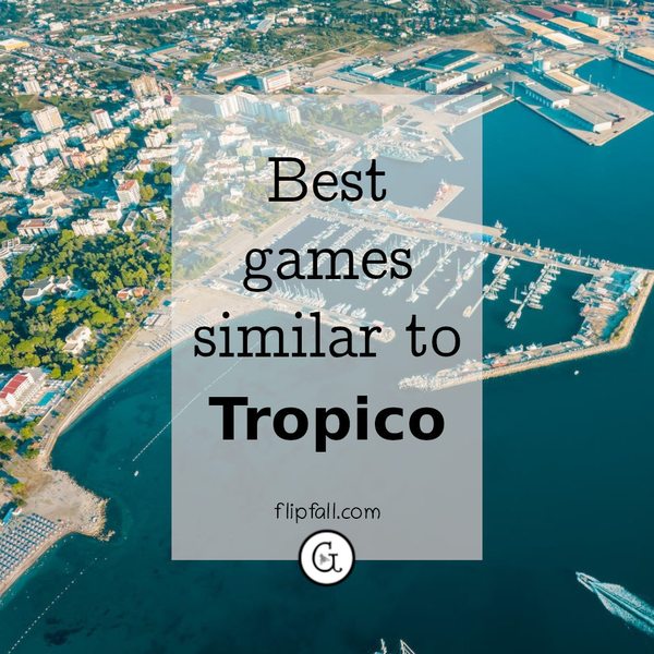 Aerial view of boats at a marina on an island - game similar to Tropico