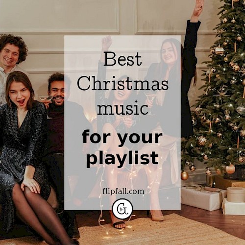 friends at a Christmas party listening to a playlist