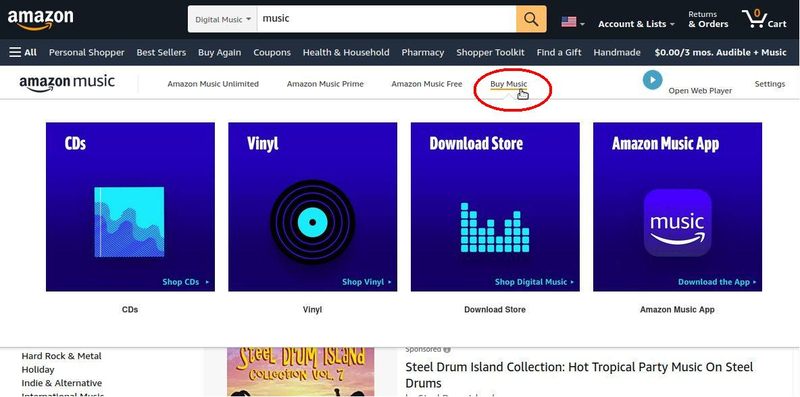 Screenshot of Amazon music menu from Amazon.com
