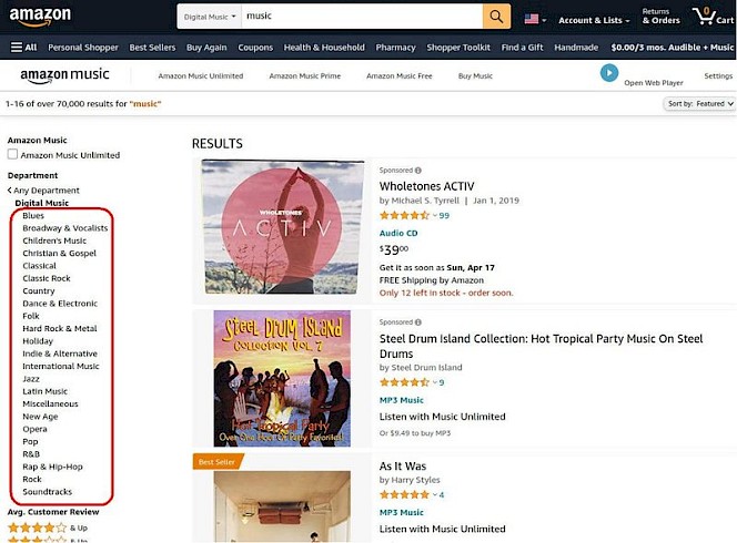 Screenshot of Amazon.com digital music category