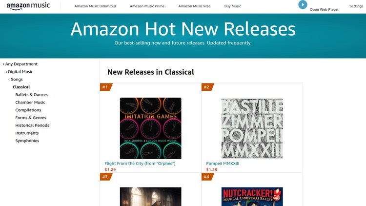 screenshot of Amazon music when browsing the classical genre