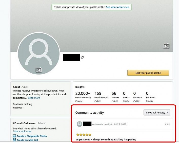 Screenshot of Amazon community activity - How to find your Amazon reviews