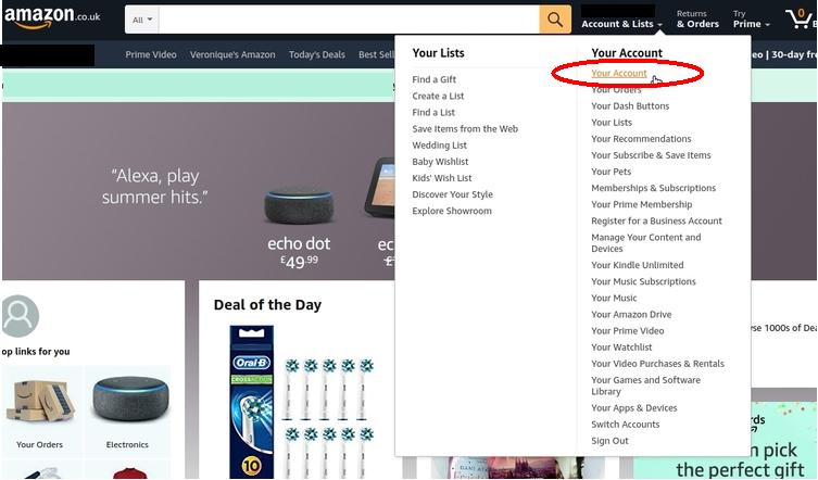 Screenshot of Amazon.co.uk top menu - How to find your Amazon.co.uk reviews