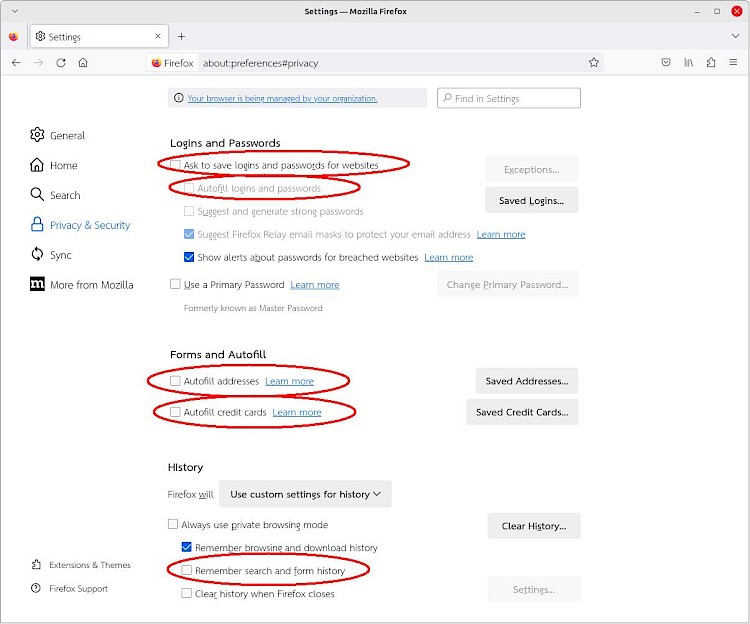 screenshot of autofill settings in Firefox