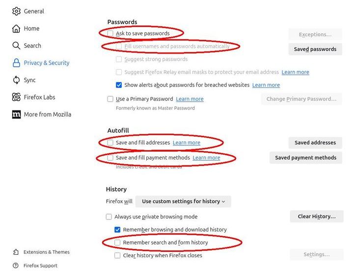 screenshot of autofill settings in Firefox