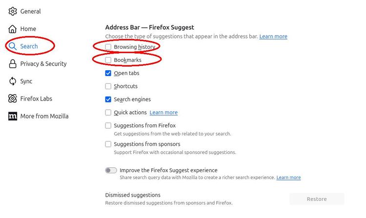 Screenshot of firefox settings for address bar