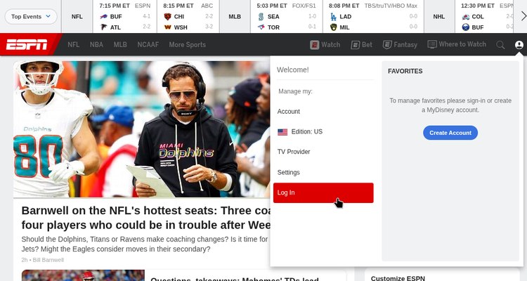 screenshot of espn login area