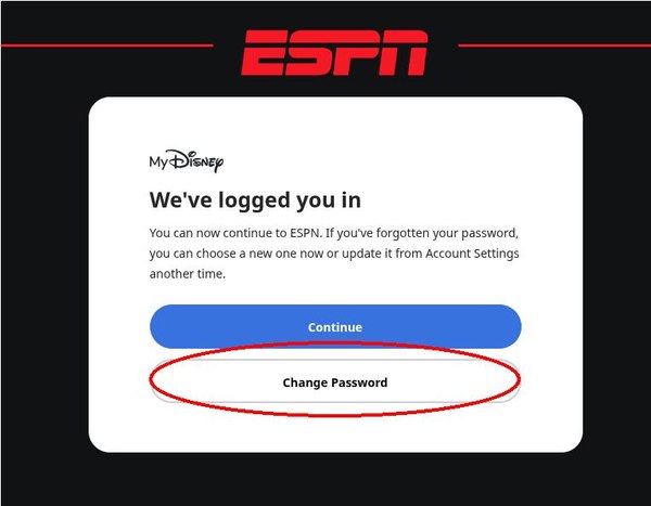 Screenshot of ESPN change password option at login