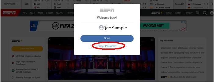 screenshot of ESPN for password reset - how to change your ESPN password