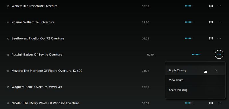 screenshot of an Amazon digital music album showing individual MP3 tracks