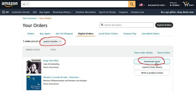 Screenshot of digital orders list from Amazon - how to download your Amazon MP3s again without spending money