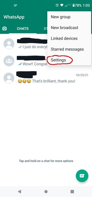 Screenshot of menu from WhatsApp app on Android