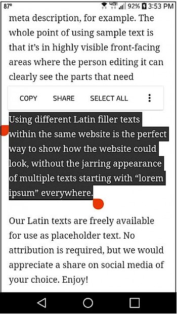 screenshot of text area selected - how to copy and paste on an Android device