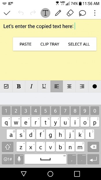 Screenshot of memo app on Android with text ready to paste in