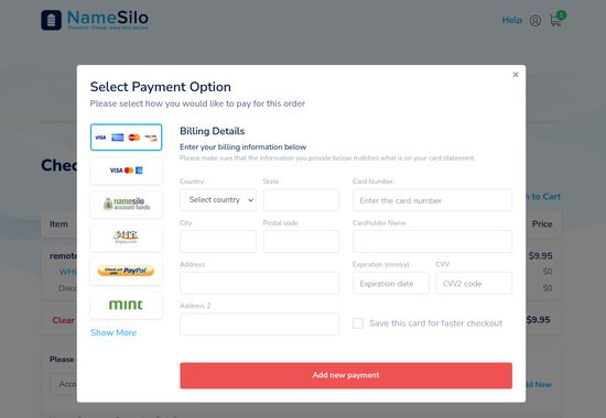 Screenshot of payment options at Namesilo checkout