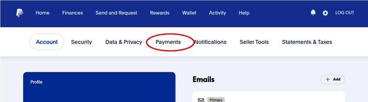 Screenshot of PayPal account settings