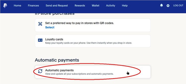 Screenshot of PayPal account settings showing automatic payments button