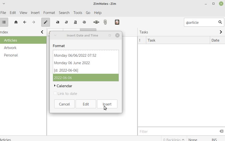 Screenshot of how to set the date format in Zim