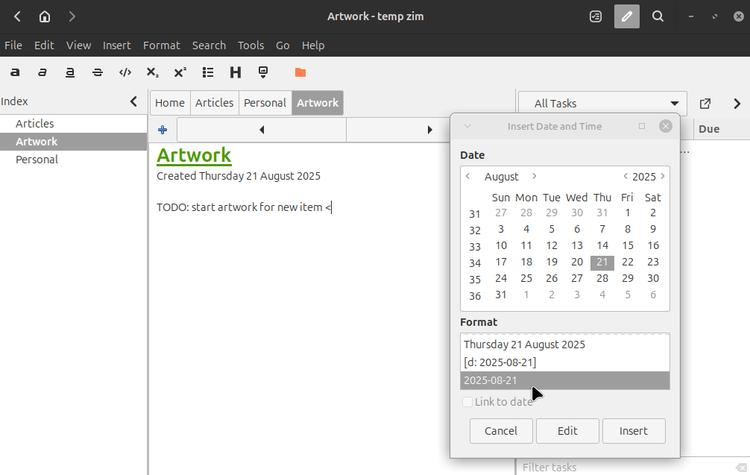 Screenshot of how to select the format for due dates on a task list in Zim Notes