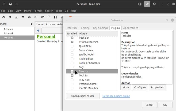 Screenshot of Zim Notes task list plugin