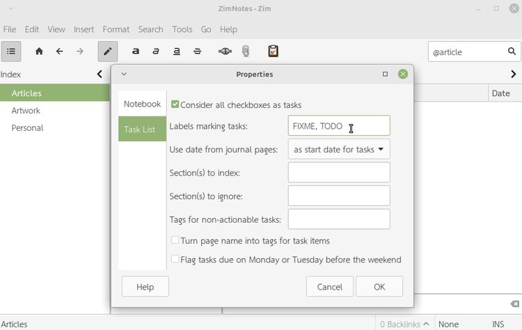 Screenshot for how to set labels for tasks in Zim