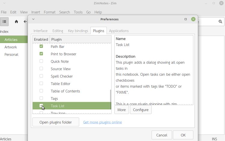 Screenshot of tasklist plugin for Zim organizer tool