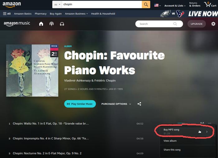 Screenshot of Amazon Music MP3 single track details with price info and how to purchase