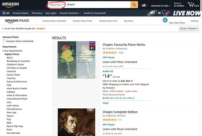 Screenshot of Amazon.com search results in digital music