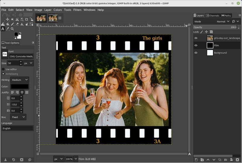 Screenshot of the resultant photo in GIMP with film border effect