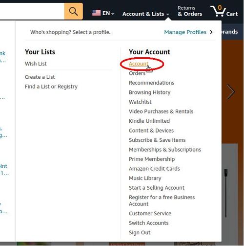 Screenshot of Amazon home page showing how to get to your account