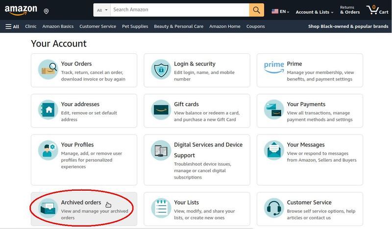 Screenshot of Amazon account page highlighting the archived orders section