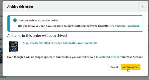 screenshot of confirmation dialog box in Amazon after archiving an order