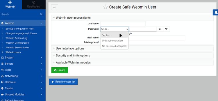 Screenshot of options for creating a new Webmin user