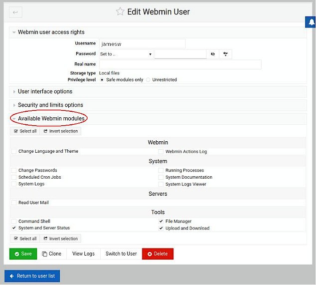 Screenshot of the Edit Webmin User screen showing ability to add tools for the user