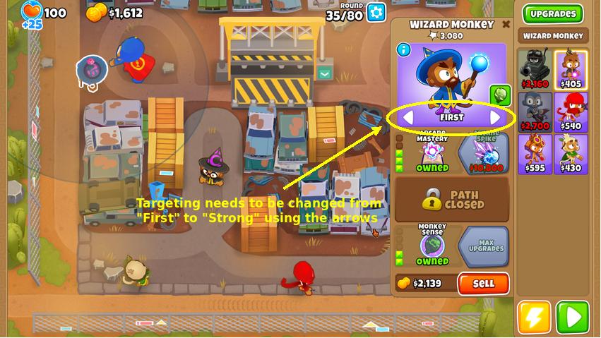 Screenshot of Bloons 6 TD showing detail of wizard and how to change the targeting