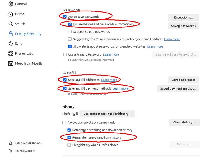 Screenshot of autofill settings in the Firefox browser