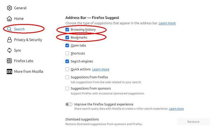 screenshot of firefox autosuggest settings for address bar