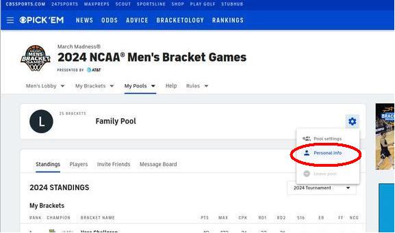 Screenshot of fantasy league in CBS sports showing the gear icon to update personal information
