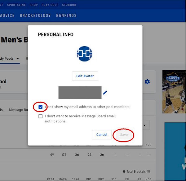 Screenshot of dialog box in CBS sports fantasy league showing how to hide email address