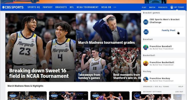Screenshot of CBS sports account after log in showing my teams