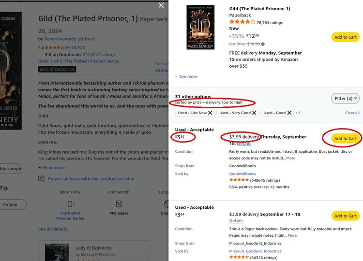 Screenshot of secondhand options for a particular book on Amazon.com