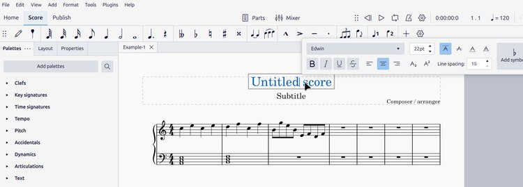 Screenshot of MuseScore 4 showing editing of the title