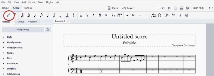 Screenshot of MuseScore 4 screen showing pencil on menu not highlighted