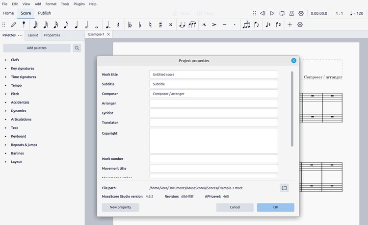Screenshot of MuseScore 4 project properties to enter metadata