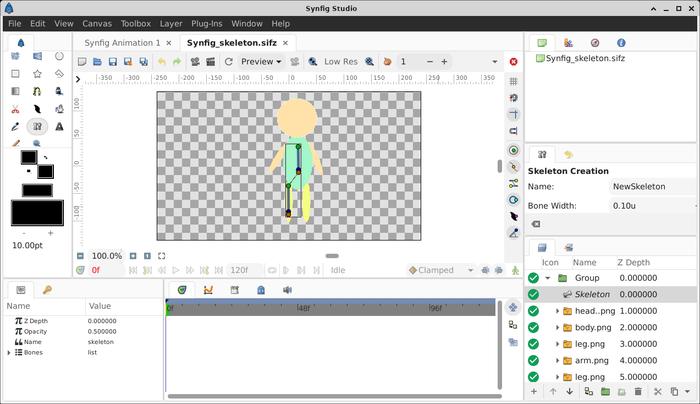 Screenshot of synfig 1.5.1 with child bone created
