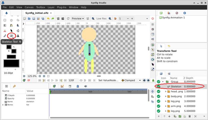 Screenshot of skeleton tool in Synfig 1.5.1